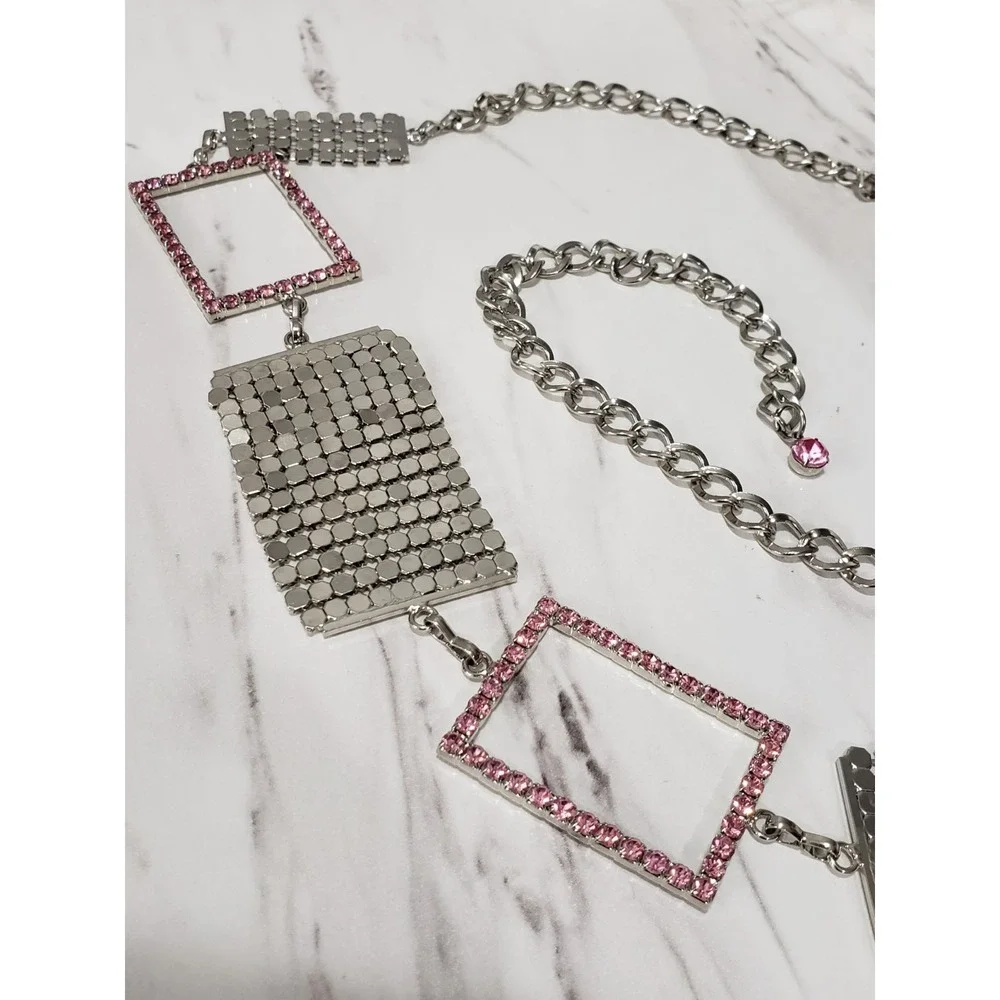 Vintage Rhinestone hipster belt PINK silver y2k 80s 90s bratz belly waist chain